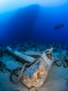 vorderer Anker der SS Thistlegorm mit der Silhouette des eigentlichen Wracks in Hintergrund. Ein großer Napoleonfisch schwimmt zwischendurch und erkunden die Szene.